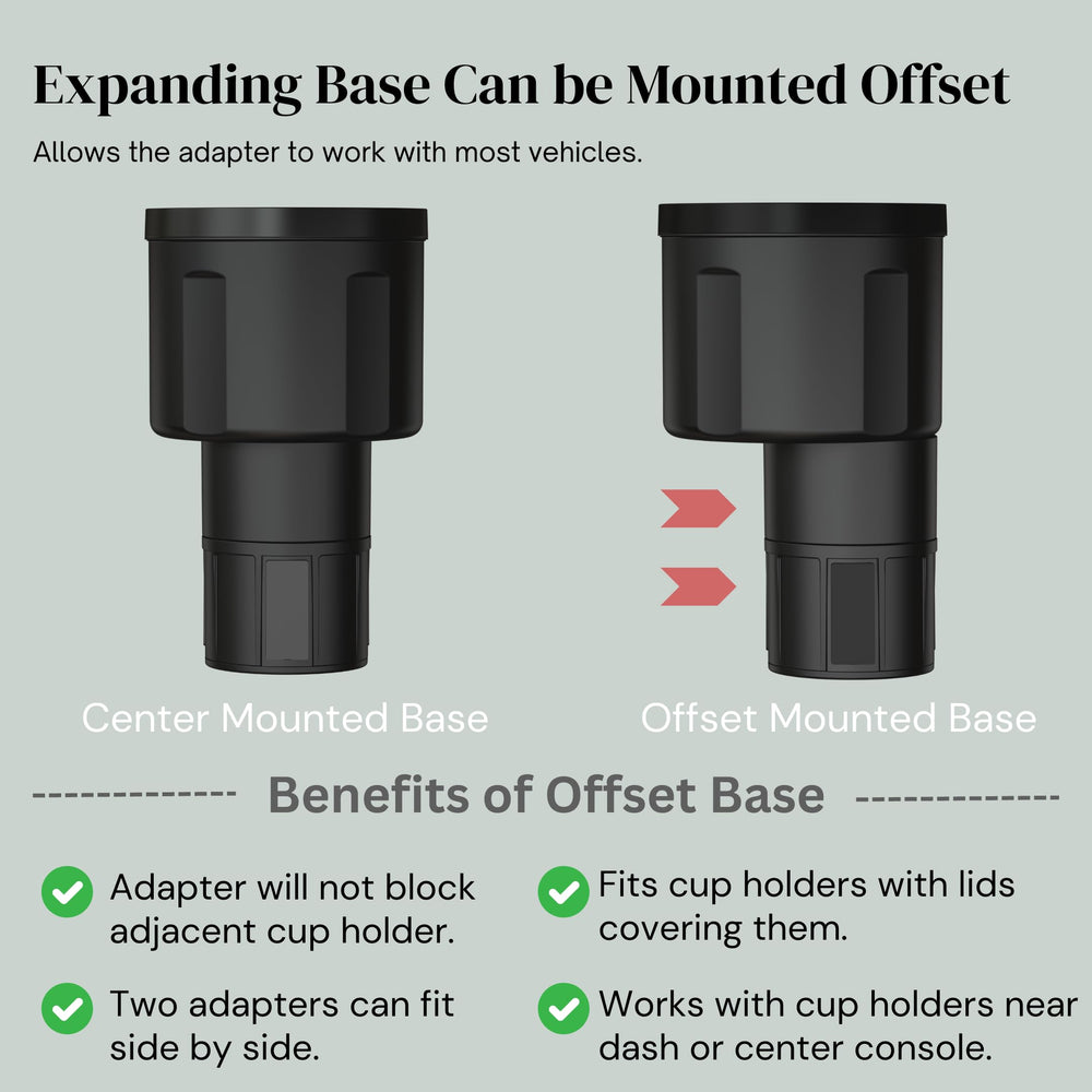 Swigzy dual adapter design allows side-by-side use without blocking nearby cup holders.
