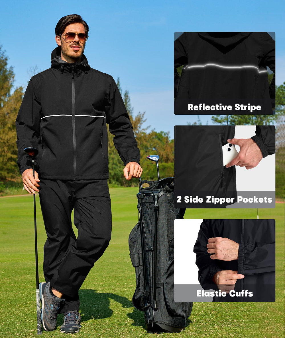 SWISSWELL rain suit pants leg adjusters help slip over footwear.