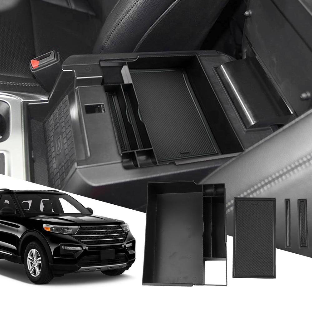 SXCY Explorer center console organizer with bottom compartments for larger items and quick access.