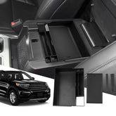 SXCY Explorer center console organizer with bottom compartments for larger items and quick access.