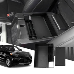 SXCY Explorer center console organizer with bottom compartments for larger items and quick access.