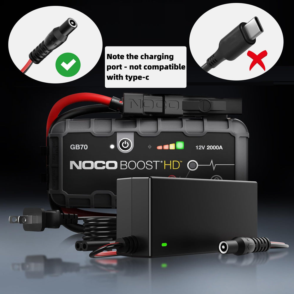 SYFLYH 14V 56W charger in use with NOCO jump starter at home