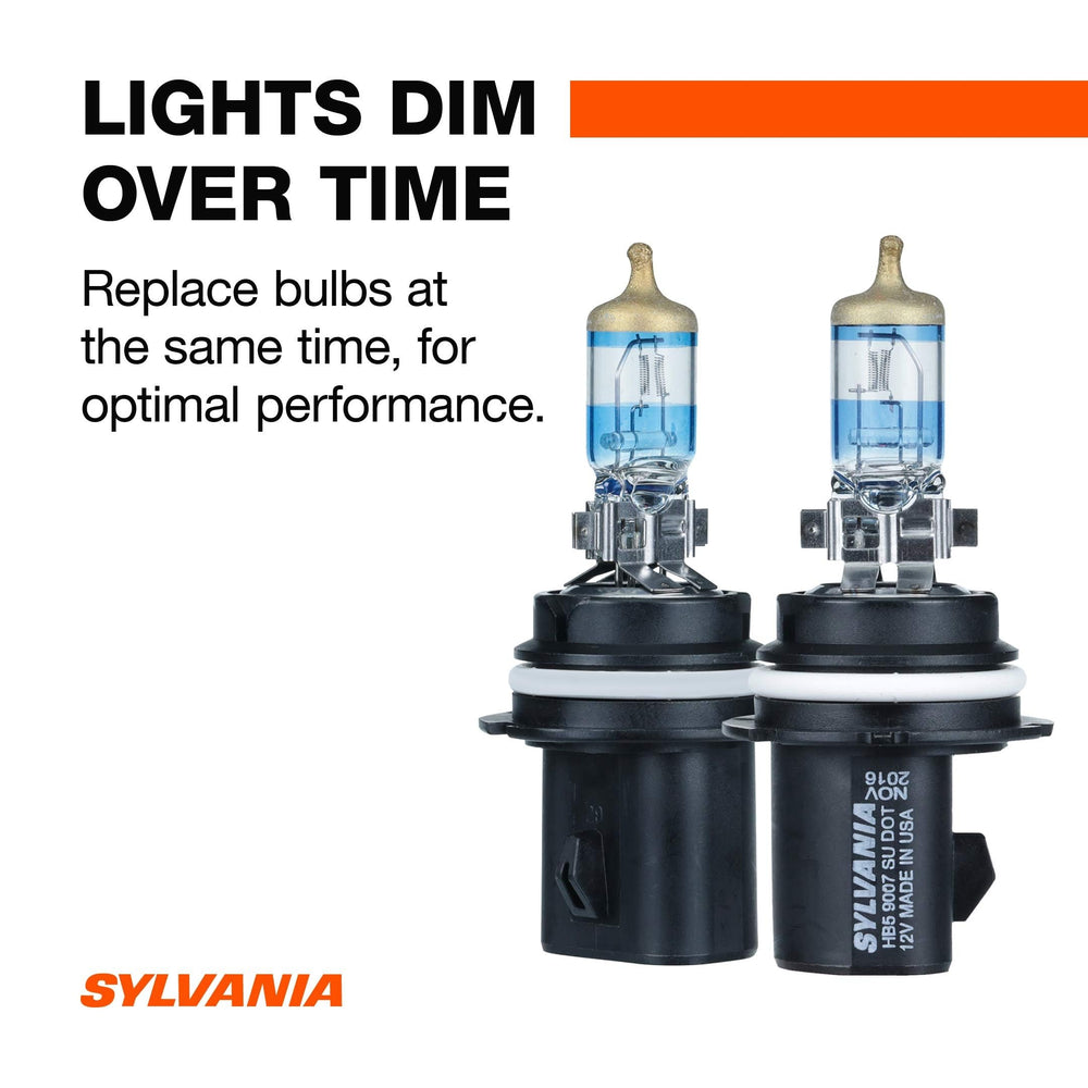 Front-view close-up of SYLVANIA 9007 Ultra bulbs enhancing night visibility.
