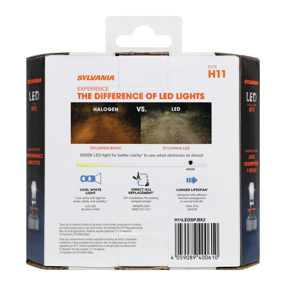 Close-up of SYLVANIA H11 LED fog light showing 6000K glow