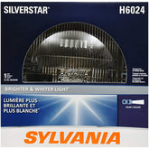 SYLVANIA H6024 SilverStar bulb close-up with bright white light for clearer night visibility.