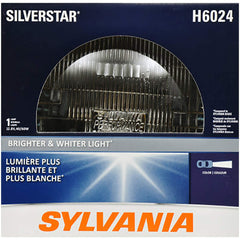 SYLVANIA H6024 SilverStar bulb close-up with bright white light for clearer night visibility.