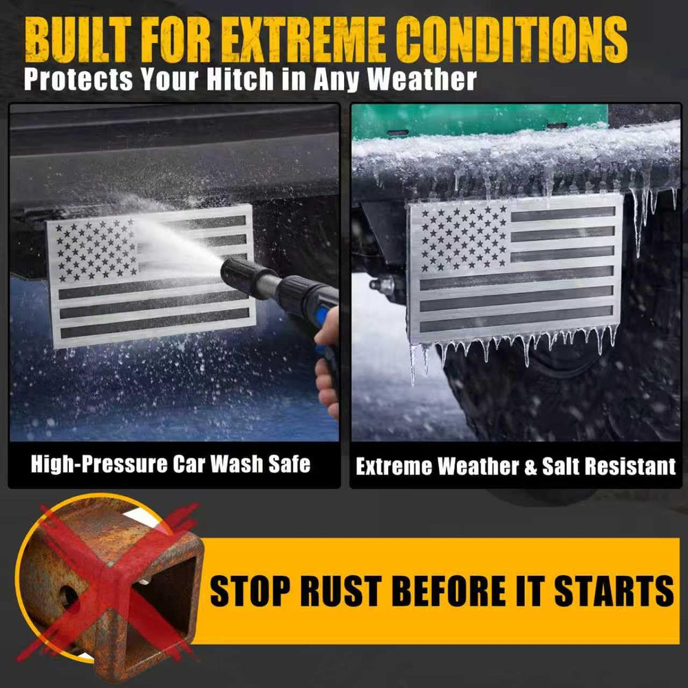 Synrroe flag hitch cover complements F-150, Silverado, Ram, Sierra, Tundra aesthetics.