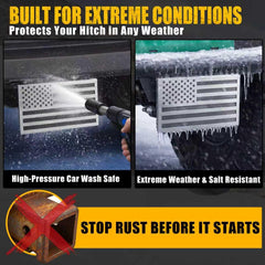 Synrroe flag hitch cover complements F-150, Silverado, Ram, Sierra, Tundra aesthetics.