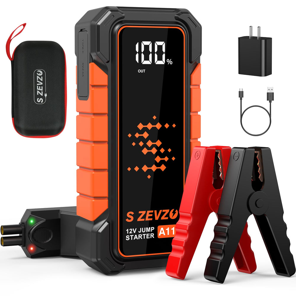 S ZEVZO A11 jump starter front view showing compact portable design for roadside boosts.