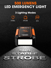 S ZEVZO A11 jump starter 500-lumen flashlight aids night-time emergencies.