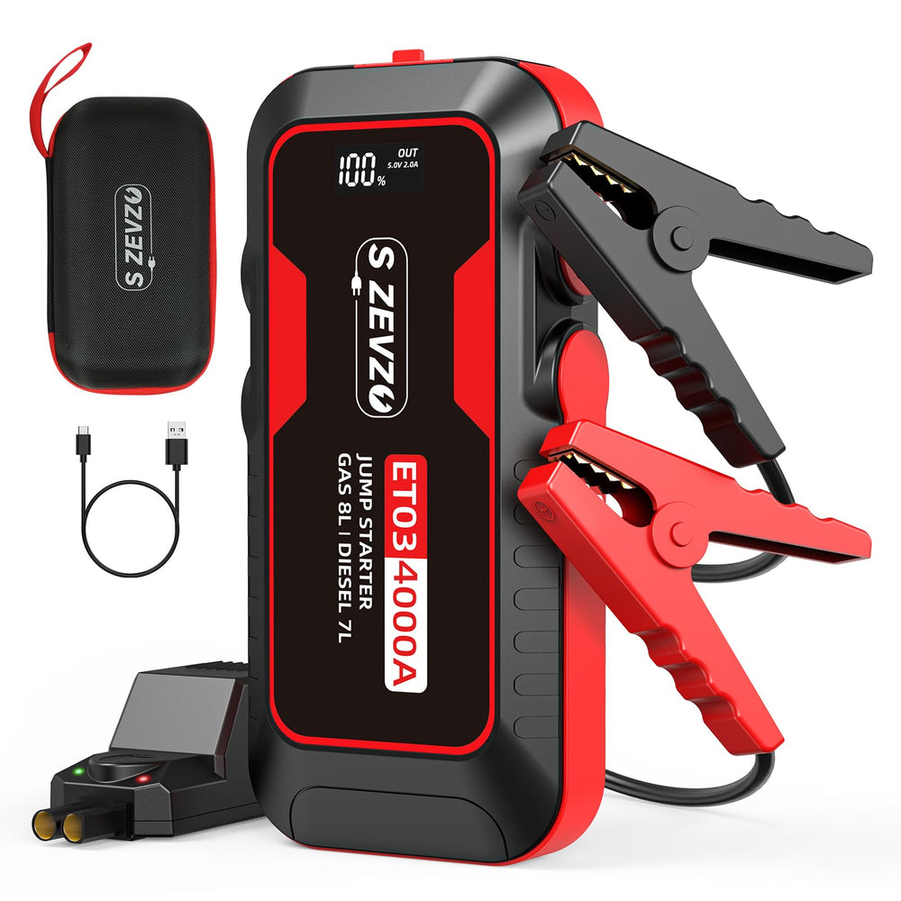 S ZEVZO ET03 jump starter front view showing compact power for quick boosts