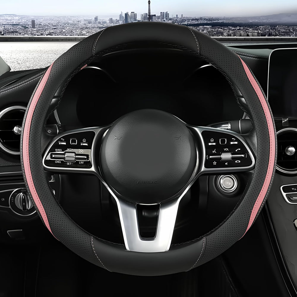 Szttswamp car steering-wheel cover in black and pink, full-view showing style and protection.