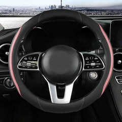 Szttswamp car steering-wheel cover in black and pink, full-view showing style and protection.