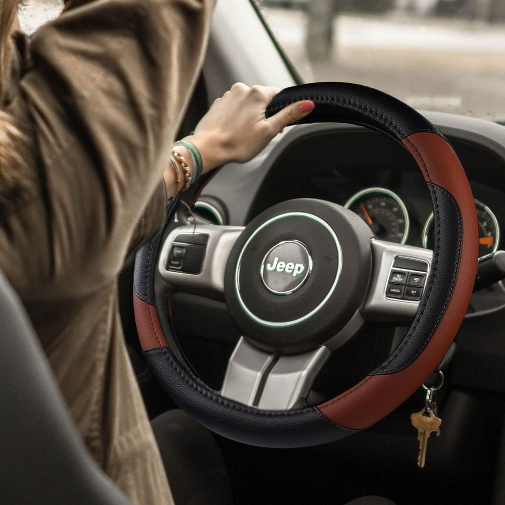 szttswamp leather steering wheel cover anti-slip design improves grip and control.