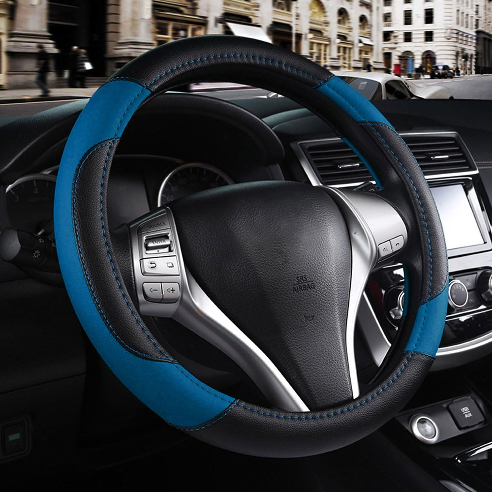 szttswamp leather steering wheel cover blue-2 front view for grip and style