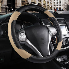 szttswamp leather steering wheel cover closeup beige highlighting durable grip for daily driving.