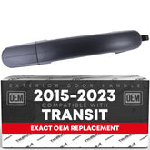 T1A exterior rear passenger sliding door handle close-up; durable textured black plastic for Transit