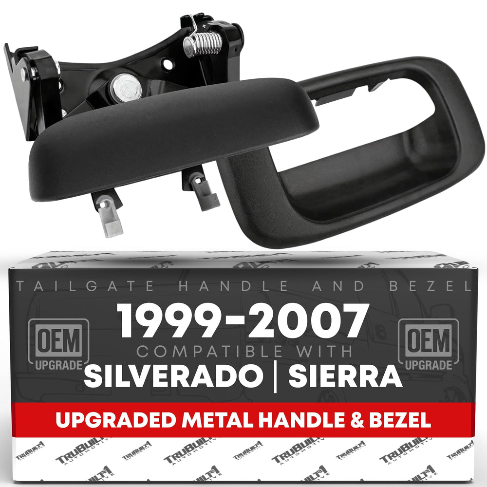 T1A tailgate handle latch with bezel front view showing robust metal construction for Silverado