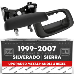 T1A tailgate handle latch with bezel front view showing robust metal construction for Silverado