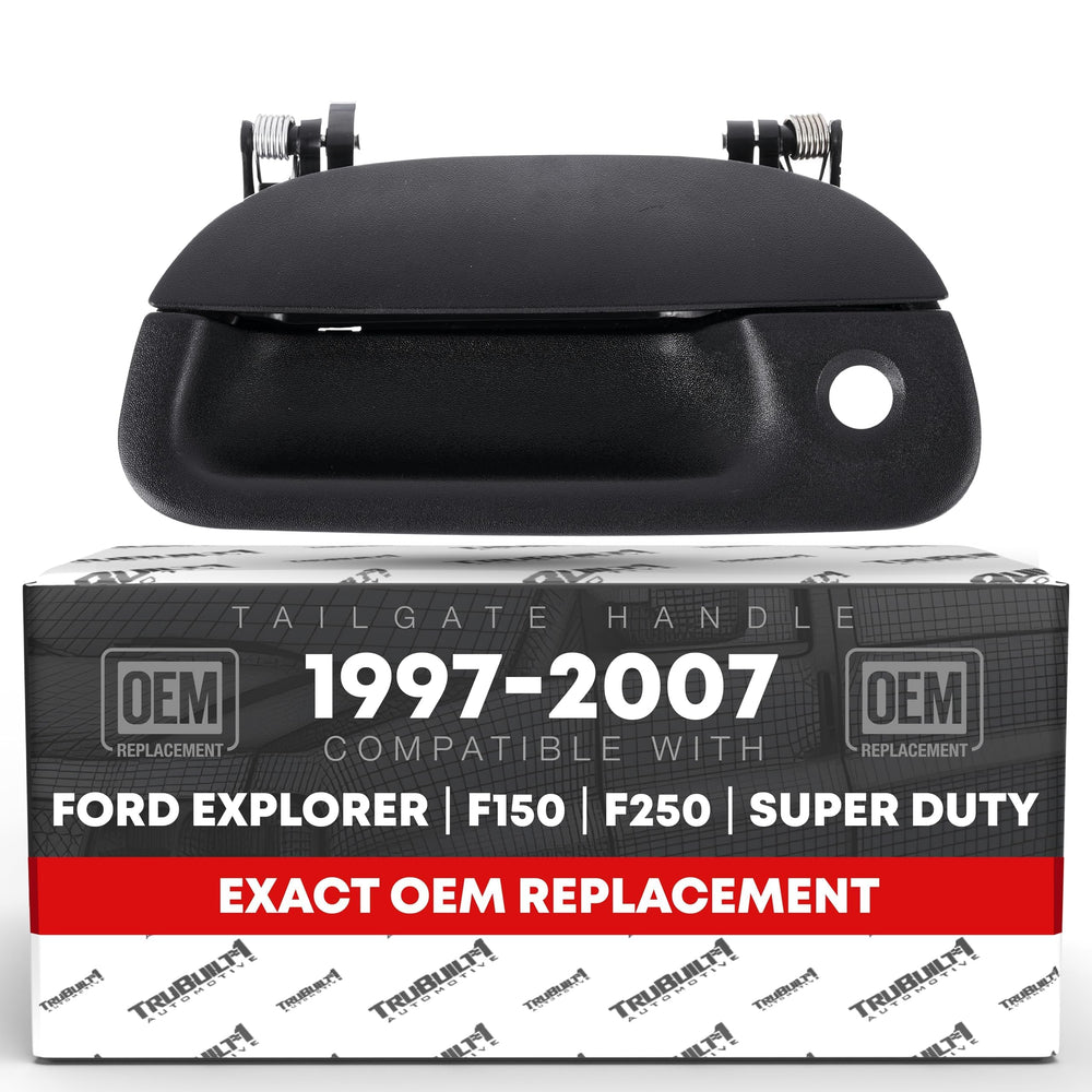 T1A tailgate handle with textured black finish and keyhole for precise OEM fit