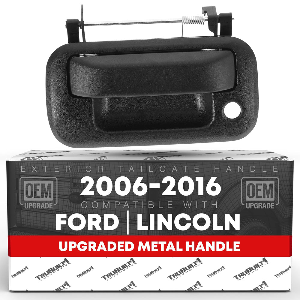 T1A tailgate handle with keyhole, front view, textured black metal finish for secure access