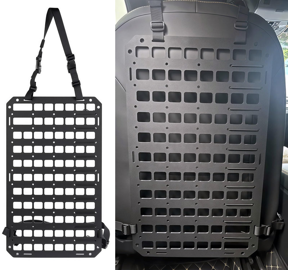 TACNEX rigid MOLLE panel mounted on car seat back for organized gear.