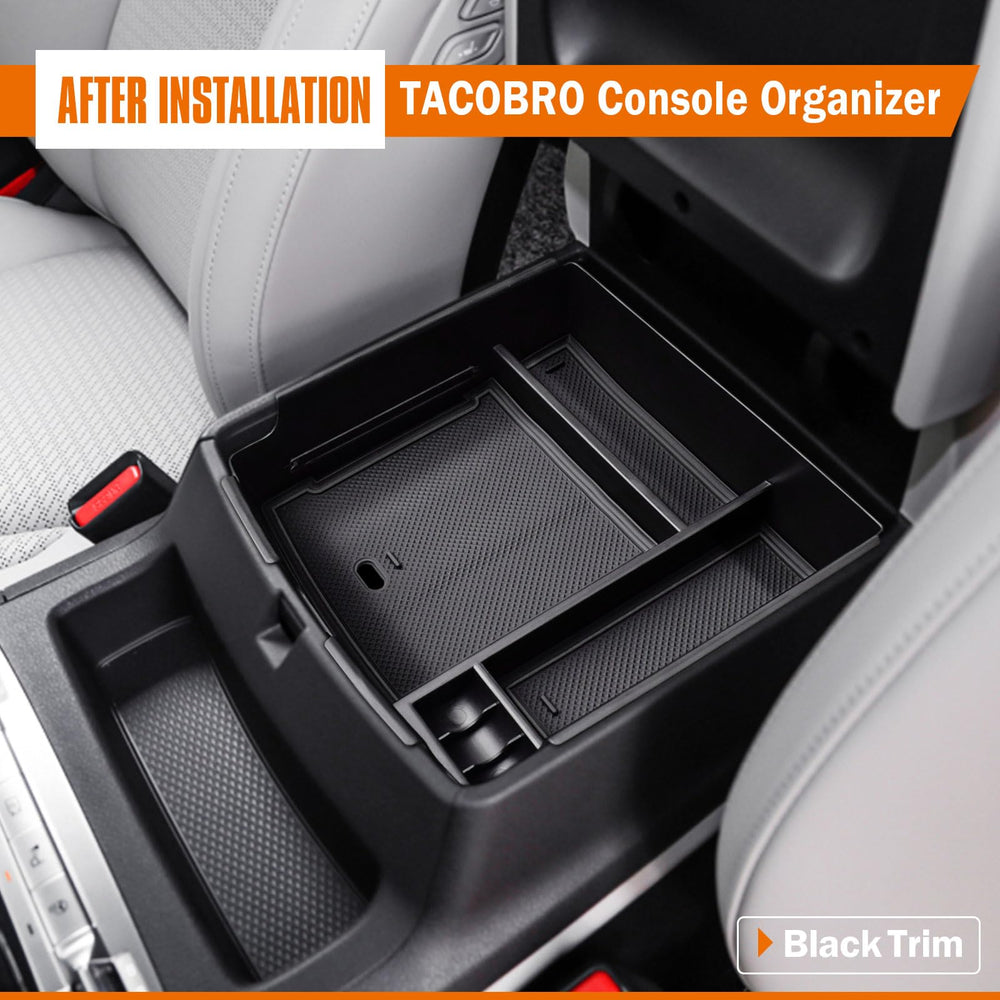 TACOBRO center console tray open compartment reveals organized zones.