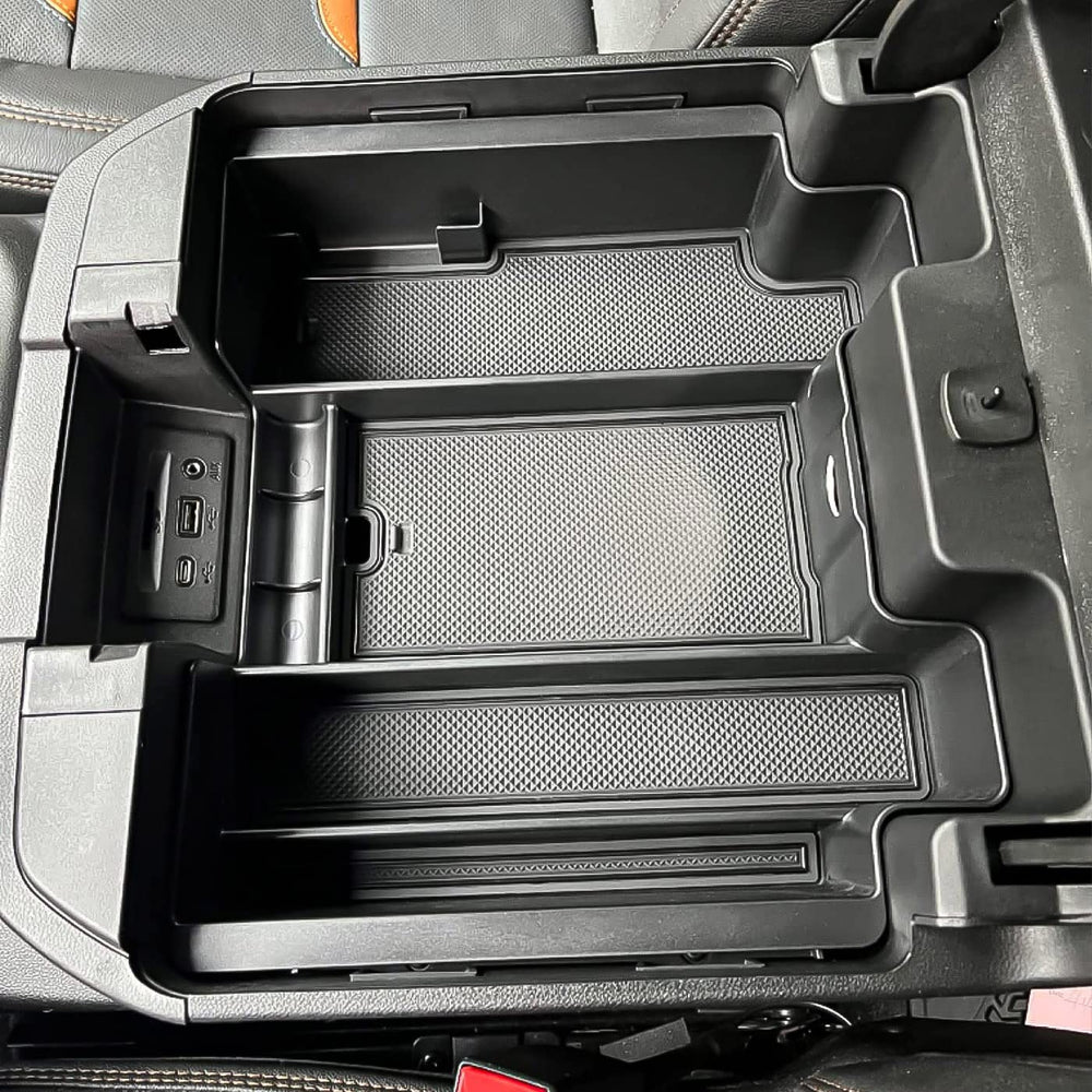 TACOBRO console organizer shows privacy space beneath the tray for valuables.