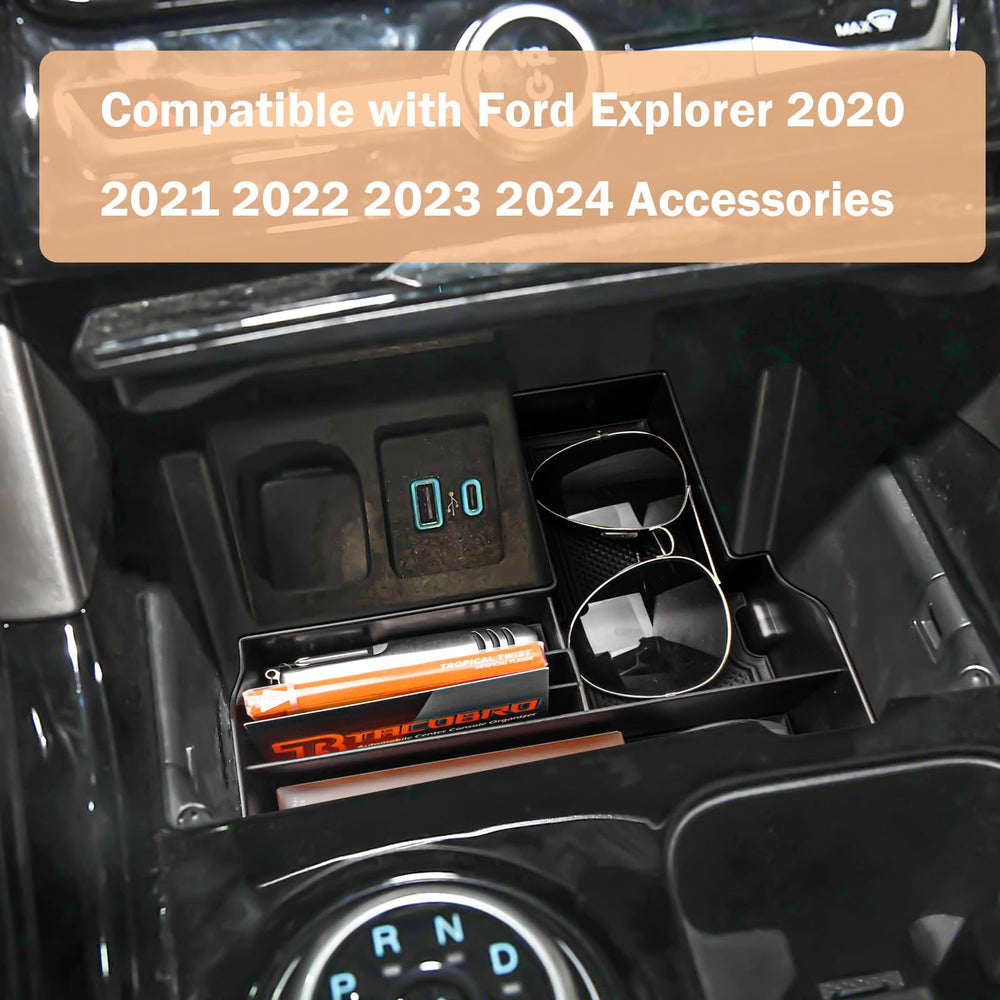 No-tools installation shows quick drop-in fit for Explorer center console.
