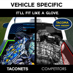 TacoNets in use with camping gear and tools in a truck bed