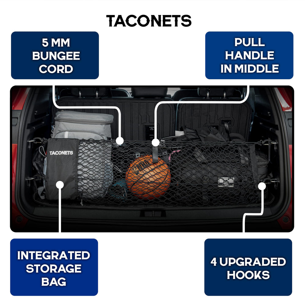 TacoNets heavy-duty hooks and 5mm bungee deliver long-lasting trunk protection.