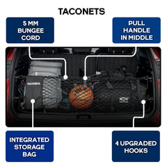 TacoNets heavy-duty hooks and 5mm bungee deliver long-lasting trunk protection.