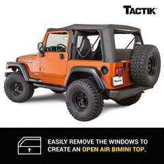 TACTIK soft top fits over OEM hardware and bow system for TJ