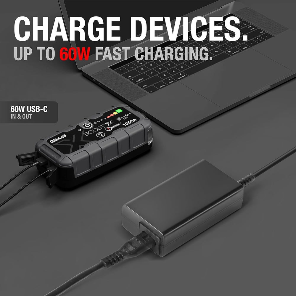 TAIFU 65W USB-C adapter back panel with safety features and universal input.
