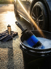 TAKAVU Master Wheel Brush in action removes brake dust from wheels.