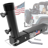 Tanfix foldable flagpole holder mounted on a 2-inch receiver for secure flag display during travel.