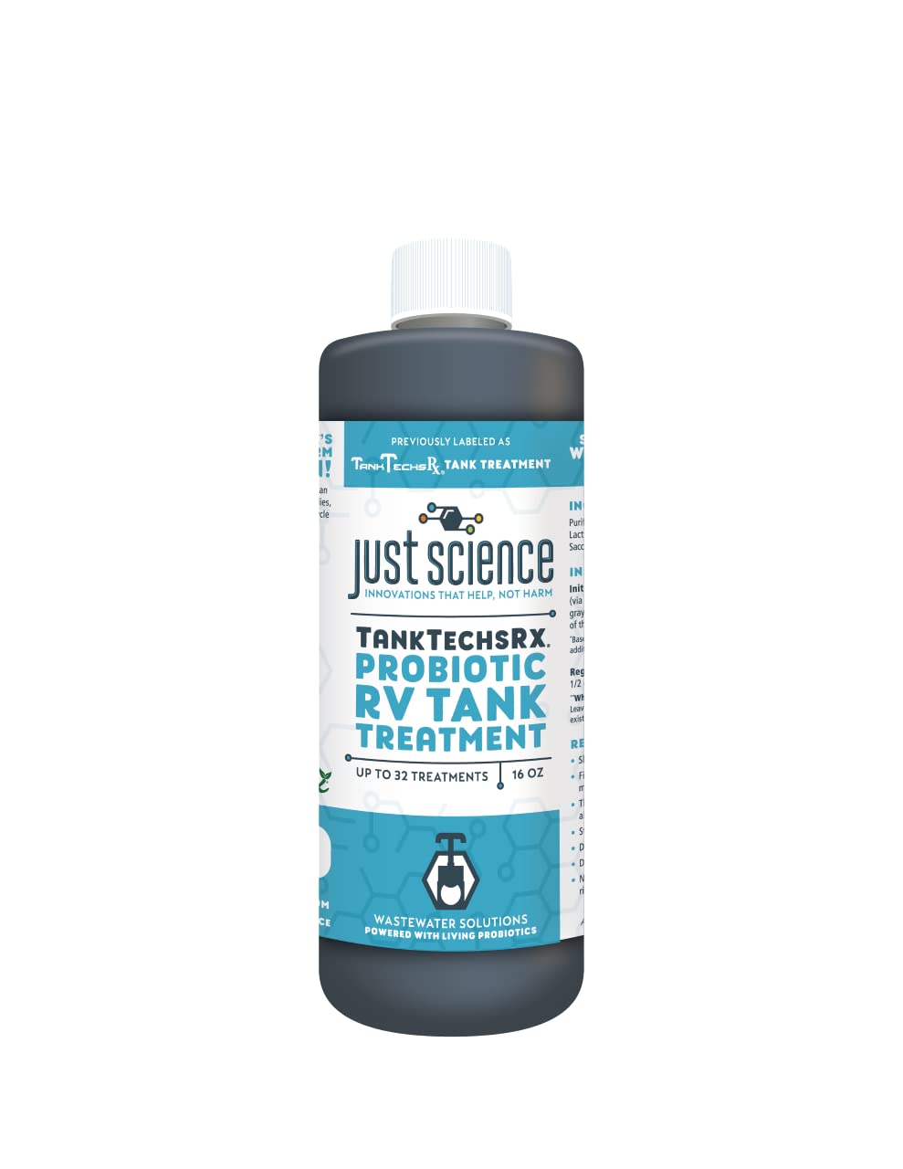 TankTechsRx probiotic RV tank treatment bottle for odor control and waste liquefaction.