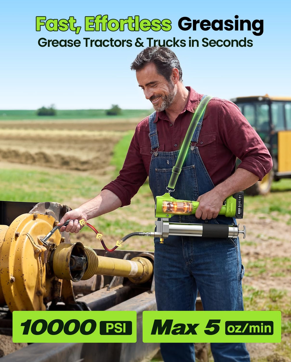 TaskStar cordless grease gun with long 40-inch hose for hard-to-reach fittings.