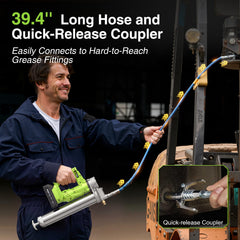 TaskStar grease gun supports 14 oz cartridges and 400 cc bulk loading.
