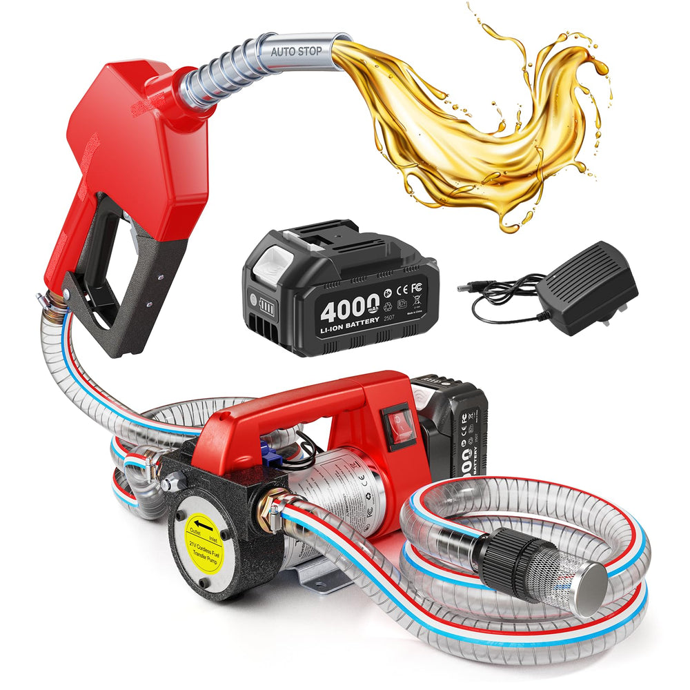 TaskStar battery-powered fuel transfer pump shown for cordless field fueling.