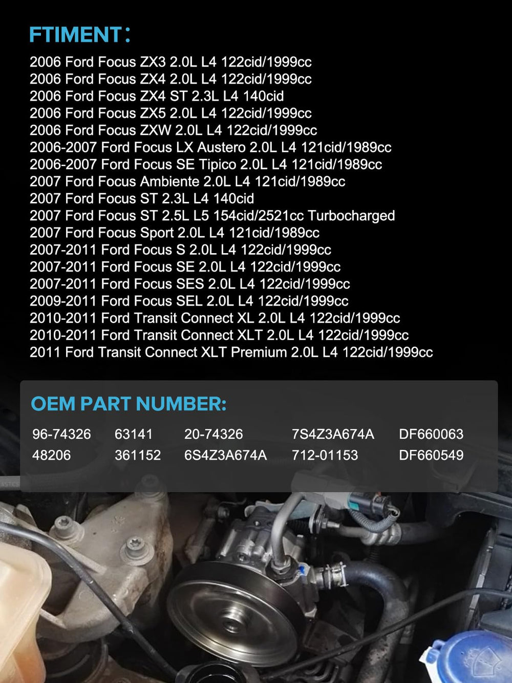 TAUTOY power steering pump side view in engine bay for Ford Focus
