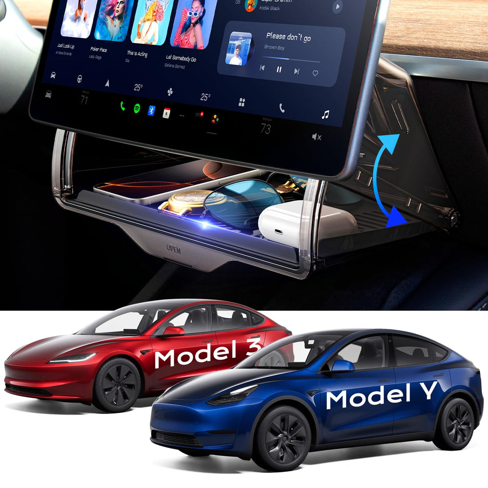TAZENI under screen storage open state for Model Y shows easy reach