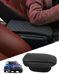TBHOO Bronco Sport armrest cover close-up shows premium PU microfiber texture and plush padding.