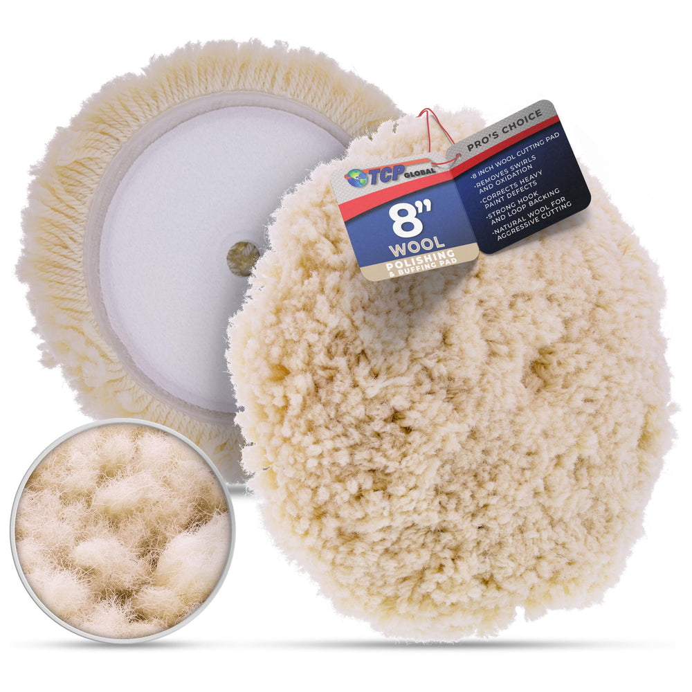 TCP Global 8-Inch Wool Buffing Pad with Hook & Loop backing enables secure attachment.