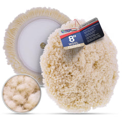 TCP Global 8-Inch Wool Buffing Pad with Hook & Loop backing enables secure attachment.