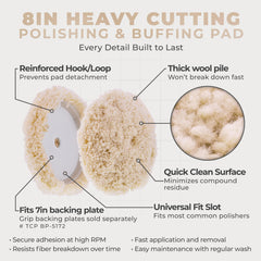 TCP Global wool buffing pad demonstrates heavy cutting capability for tough finishes.
