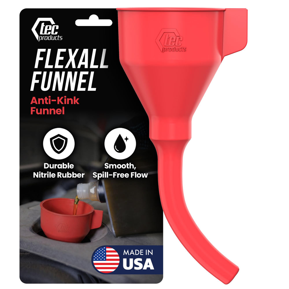 TEC Products FlexAll anti-kink funnel in action, easing oil pours in tight engine bays.