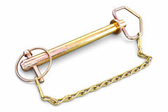Tech Team hitch pin with chain side view shows secure mounting for trailers and equipment.