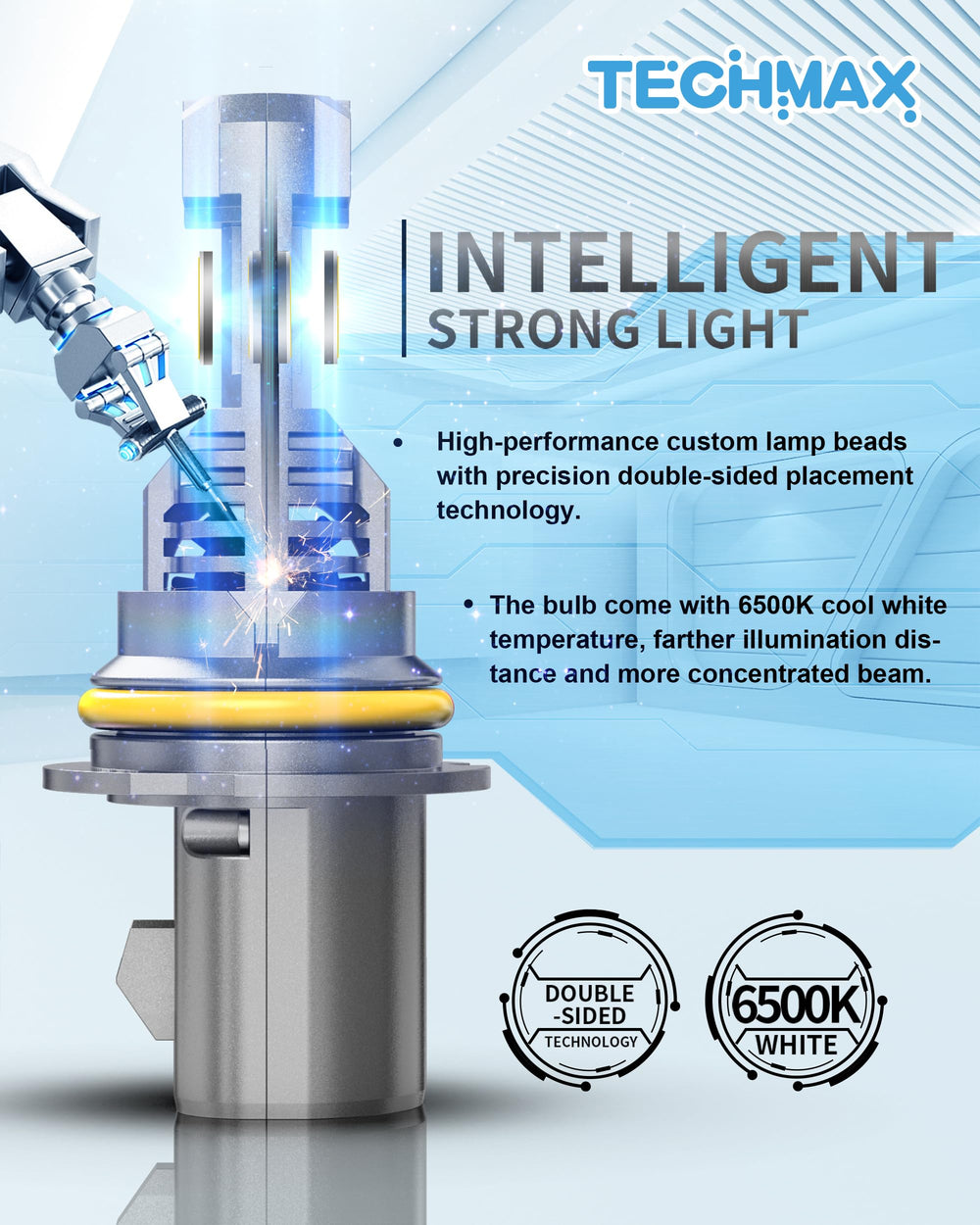 TECHMAX 9007 Fog light 6500K white light improves contrast on roads.