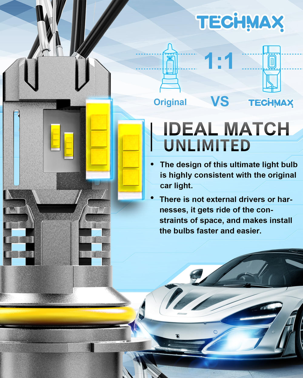 TECHMAX 9007 Fog light wide beam enhances road visibility.